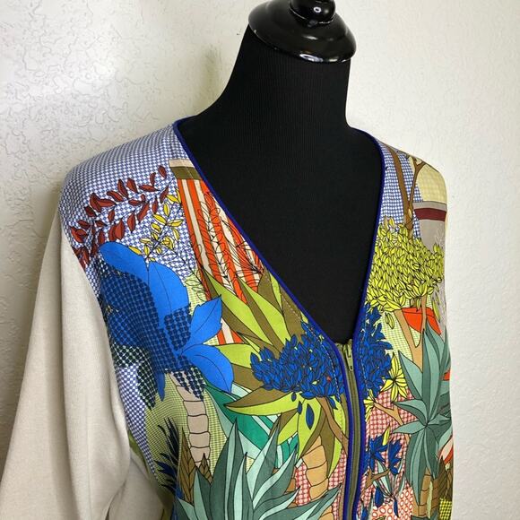 Tricot Chic blue green tropical print front cream back front zip cardigan US 12 - Picture 2 of 16